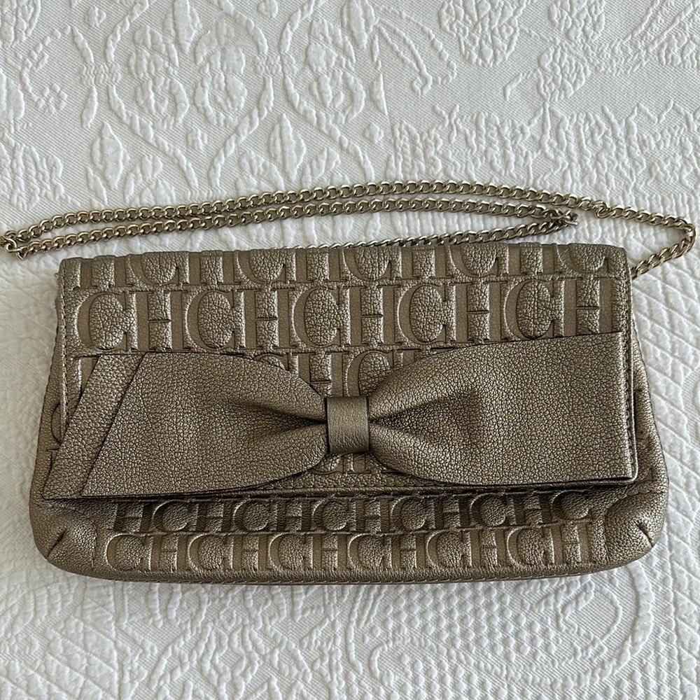 Carolina Herrera Bronze Metallic Clutch with Monogram Pattern